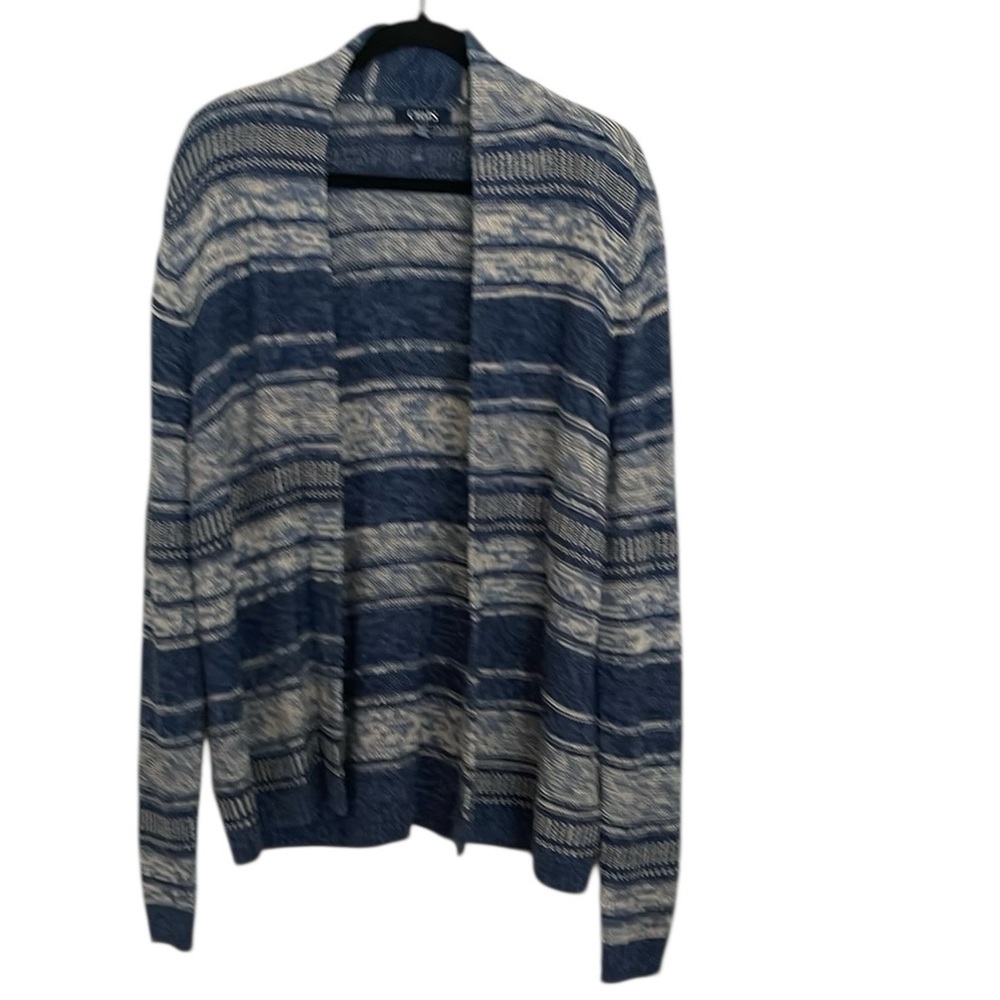 Ralph Lauren Chaps Denim Blue and Cream Striped Open Cardigan